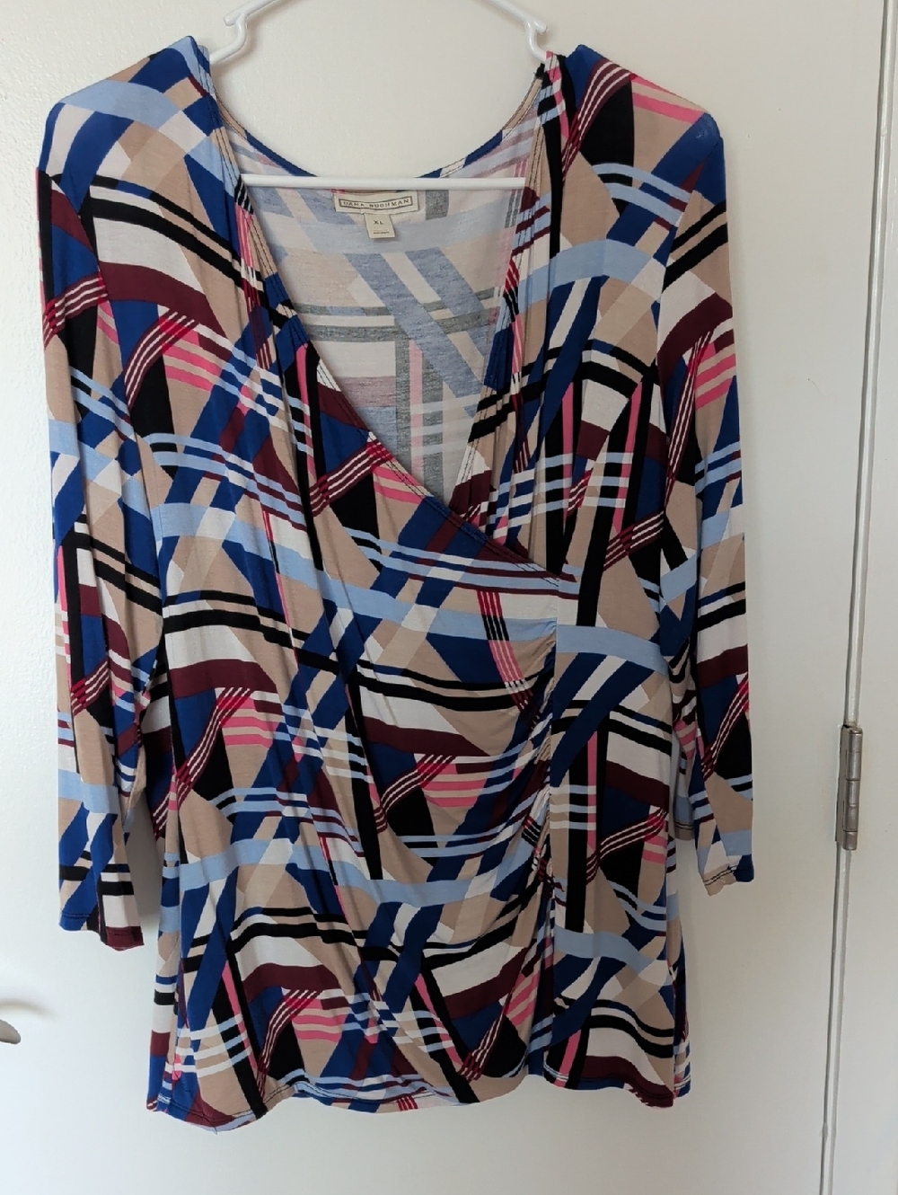 Dana Buchman Blue Beige Pink Geometric Wrap-Front Tunic